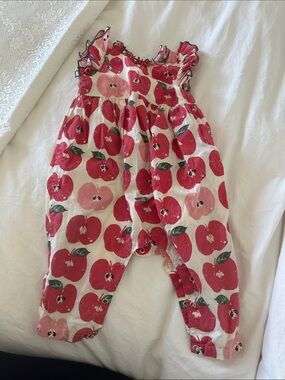 Pink Chicken Cream Romper with Red Apple Print